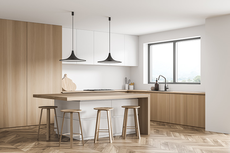 Kitchen space with wooden floor and furniture, white interior details and walls, two black pendant lights and a sink window. A concept of modern house design. 3d rendering